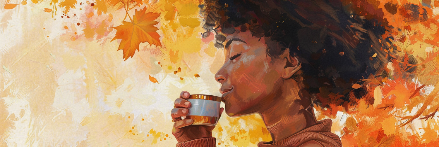 A woman with curly hair enjoys a warm beverage, smiling gently while surrounded by autumn leaves in shades of orange and yellow, creating a cozy fall atmosphere.