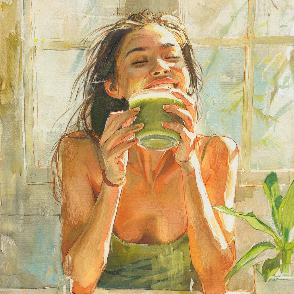 A woman with long, flowing hair smiles contentedly while holding a green bowl close to her face, as if enjoying a warm beverage. She is seated by a sunlit window, with soft light illuminating her features and the surroundings, which include a green plant nearby. The scene conveys a sense of tranquility and joy.