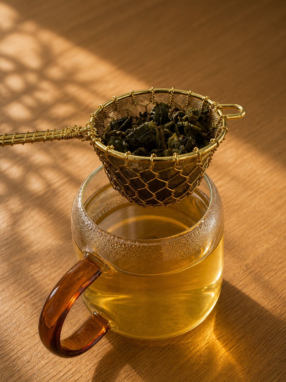 Jasmine dragon pearls tea steeping in glass cup with gold strainer, light golden green tea infusion on wooden table