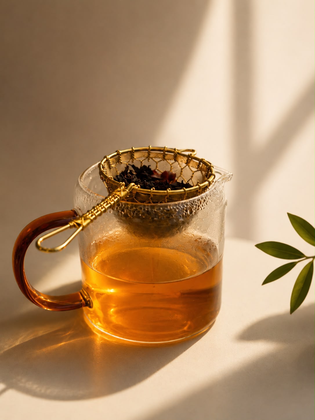 Clear glass tea cup with amber tea and a gold tea strainer on a sunlit windowsill, surrounded by soft natural light and potted plants, creating a calm and cozy tea ritual scene