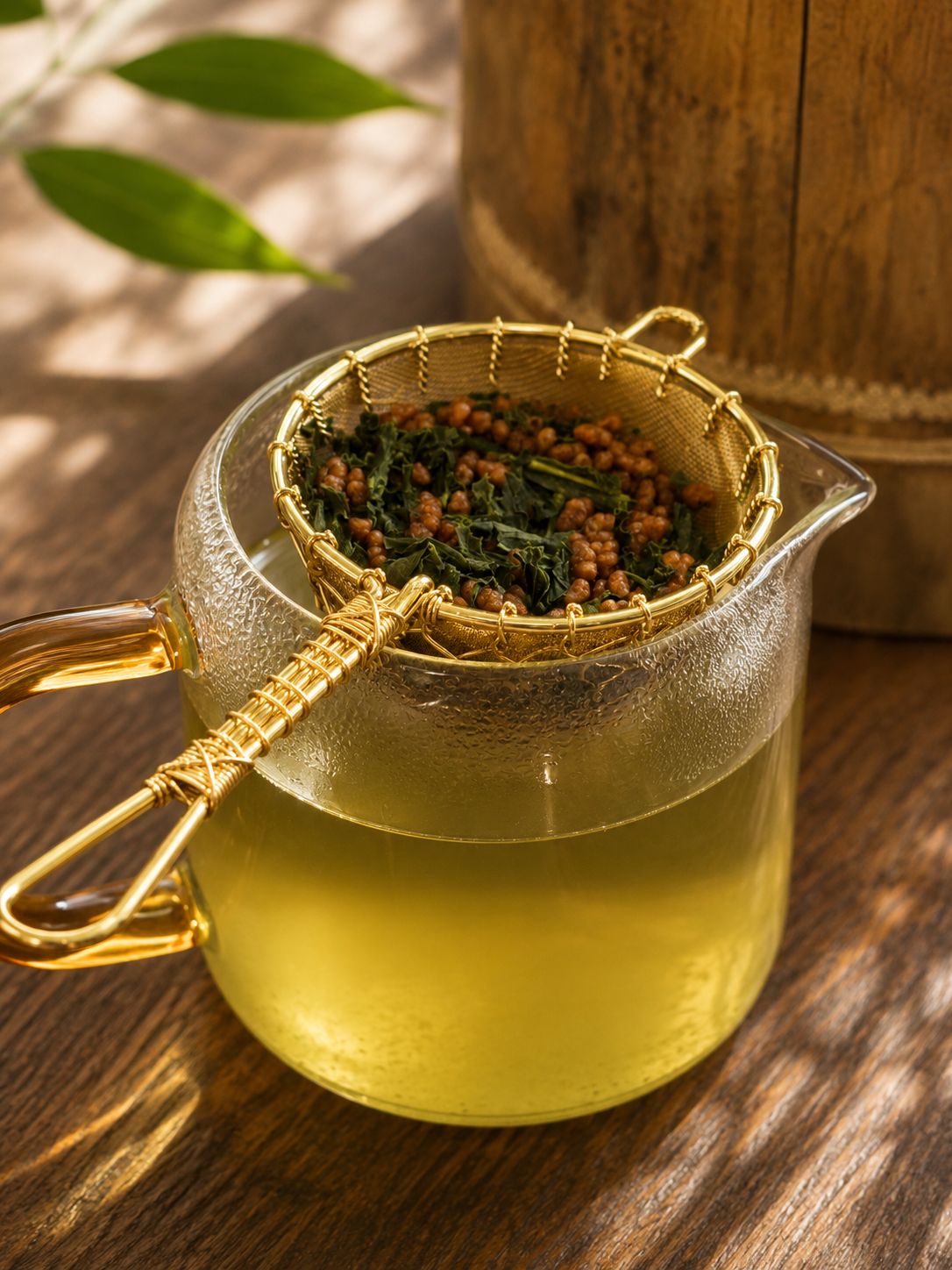 Minimal tea moment featuring a glass cup of pale green tea and a gold tea strainer with toasted rice and green tea leaves on a rustic wooden table