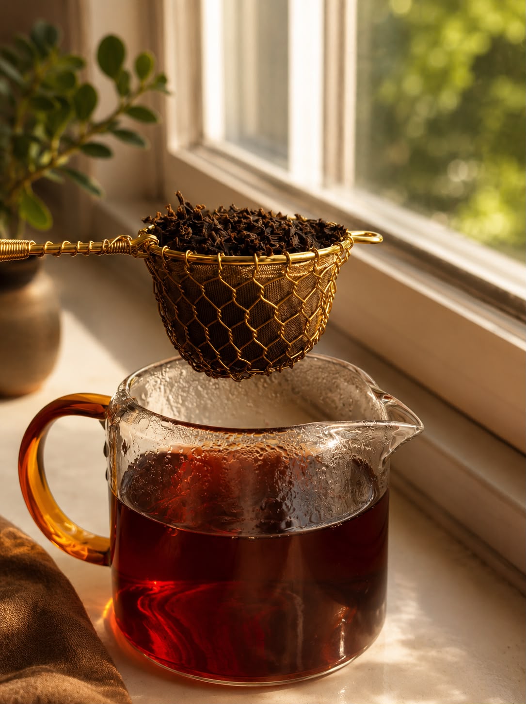 Organic Meiji Sunset tea brewing in a glass teapot by a sunlit window, featuring premium loose leaf tea and a decorative gold strainer.