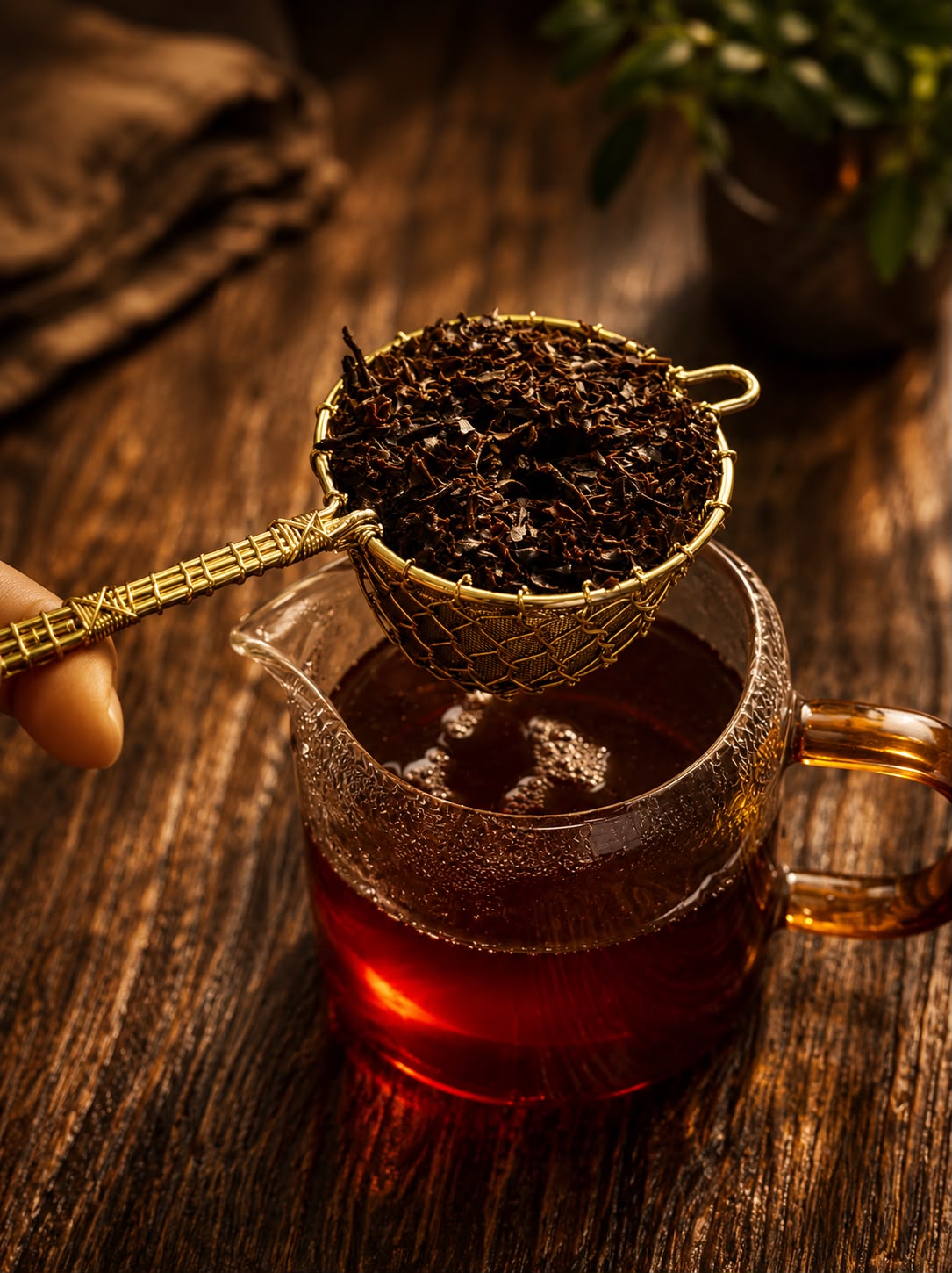 Close-up of Organic Meiji Sunset loose leaf tea in a gold tea strainer over a glass tea pitcher on a rustic wooden table.