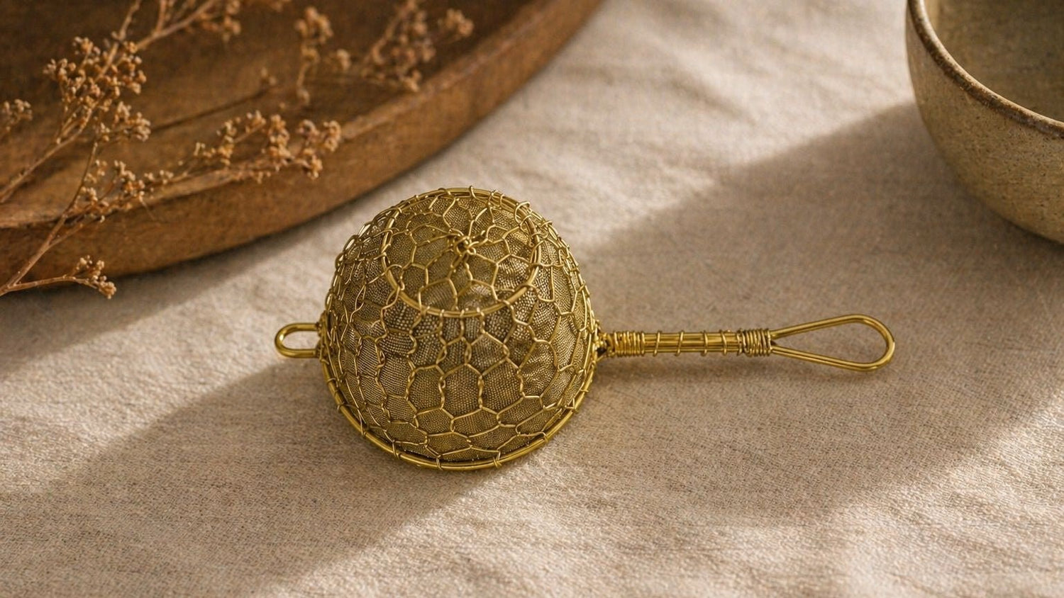 Brass Tea Strainer – Gold Mesh Loose Leaf Infuser - Two Hills Tea