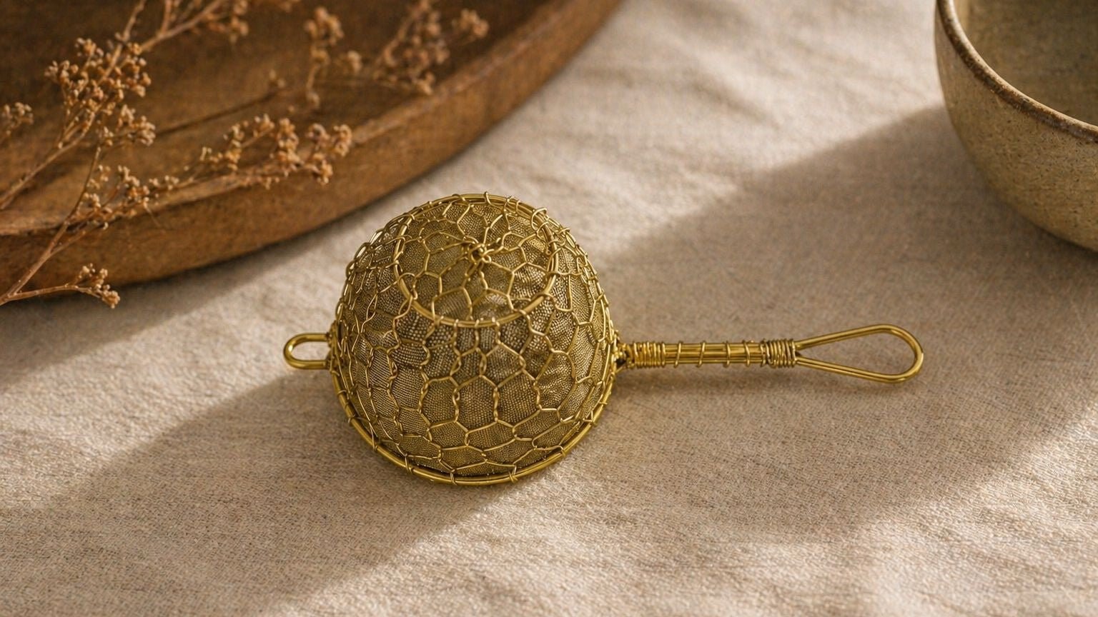 Brass Tea Strainer – Gold Mesh Loose Leaf Infuser - Two Hills Tea