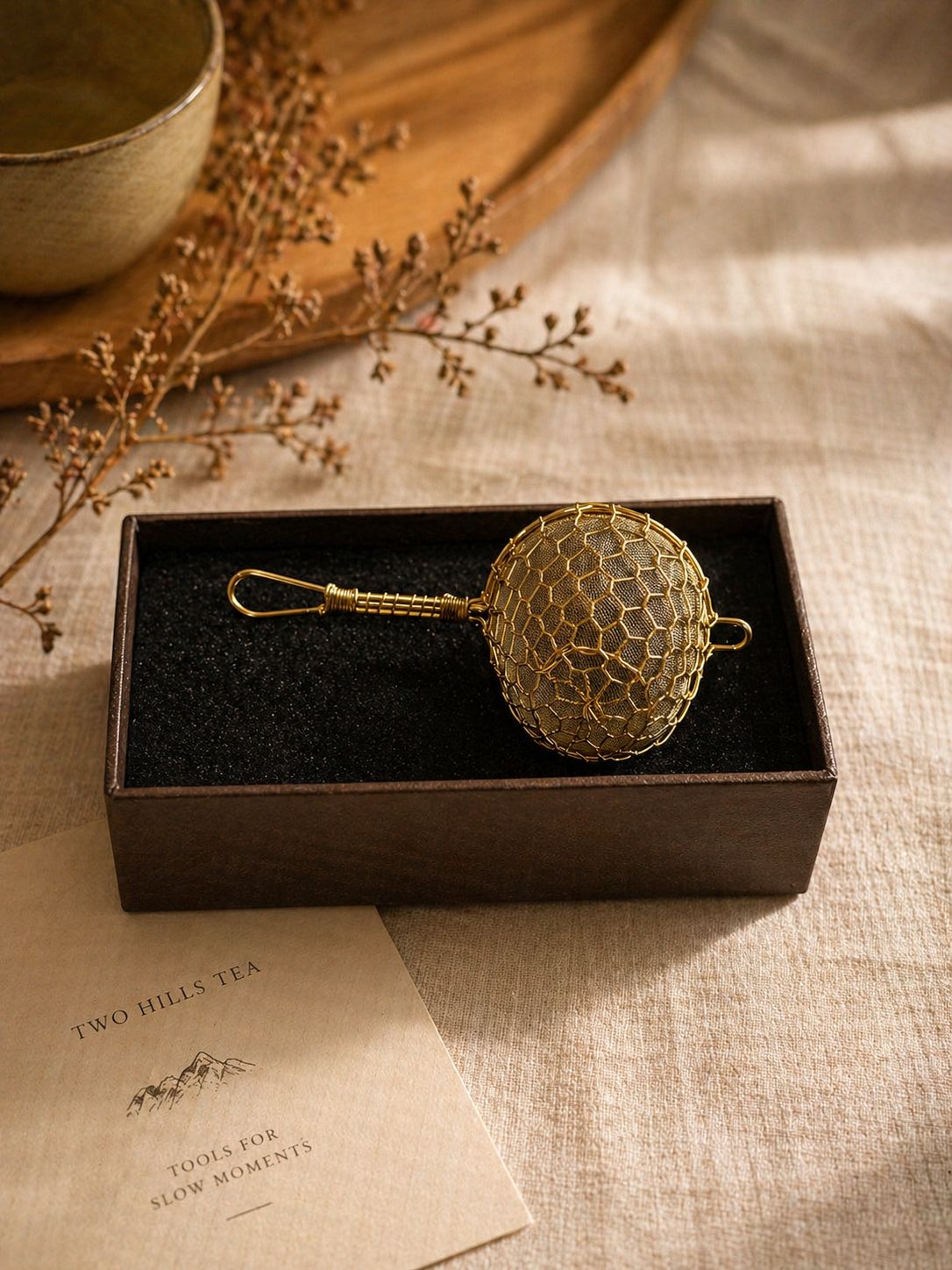 Brass Tea Strainer – Gold Mesh Loose Leaf Infuser - Two Hills Tea