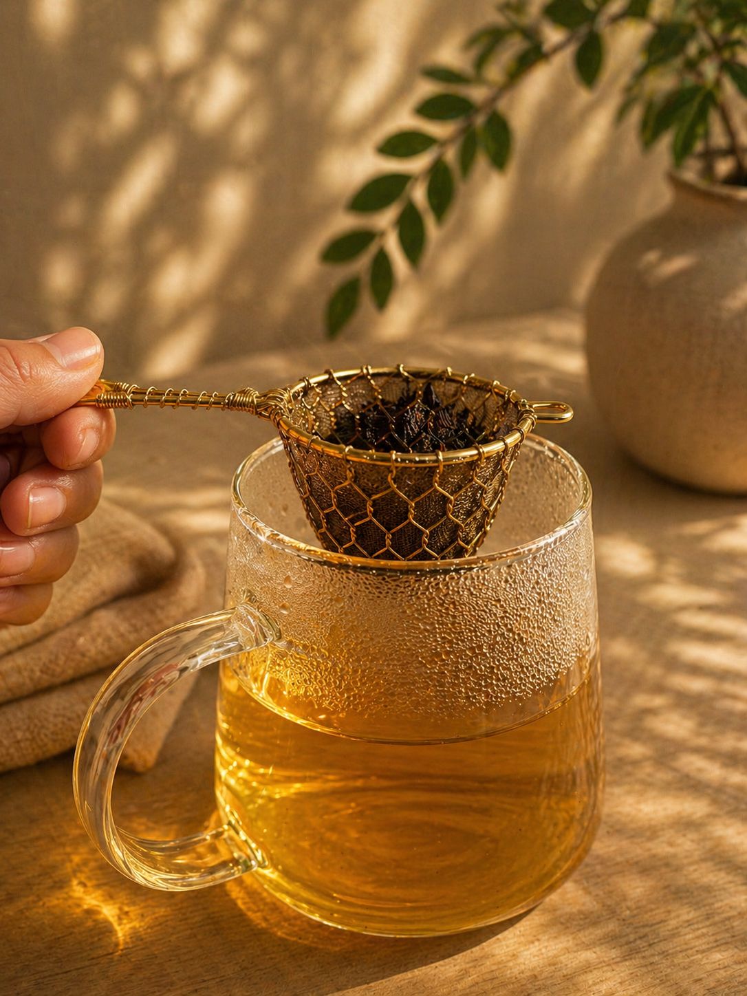 Hand holding handcrafted brass tea strainer with gold mesh, aesthetic loose leaf tea setup in warm natural light