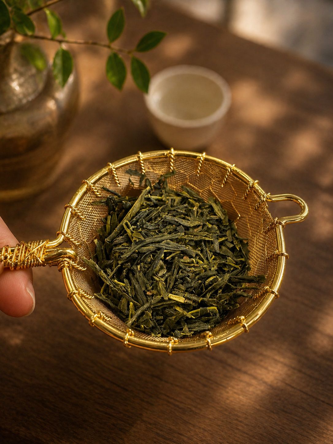 Close-up of handcrafted brass tea strainer with intricate gold mesh design for loose leaf tea brewing